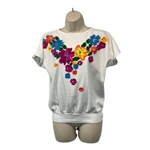 Vintage Cabin Creek Womens Top Size Small White Floral Blouse USA Banded Hem